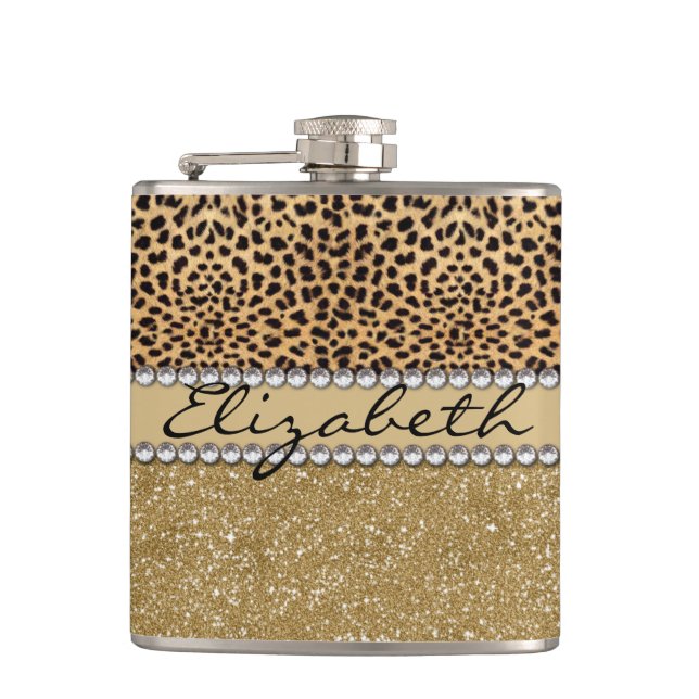Leopard Spot Gold Glitter Rhinestone PHOTO PRINT Flask (Front)