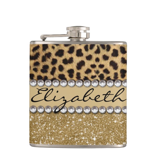 Leopard Spot Gold Glitter Rhinestone PHOTO PRINT Flask (Front)