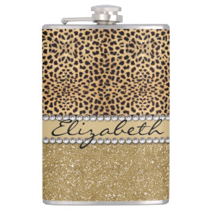Leopard Spot Gold Glitter Rhinestone PHOTO PRINT Flask