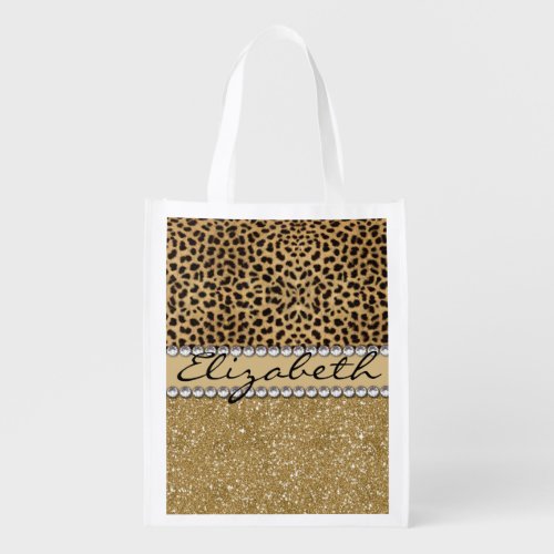 Leopard Spot Gold Glitter Rhinestone PHOTO PRINT Grocery Bag