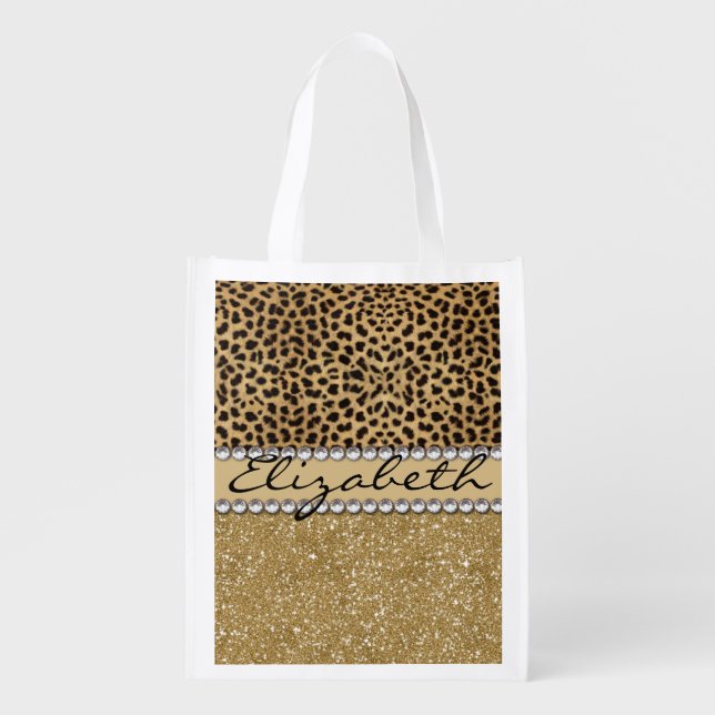Leopard Spot Gold Glitter Rhinestone PHOTO PRINT Grocery Bag (Front)