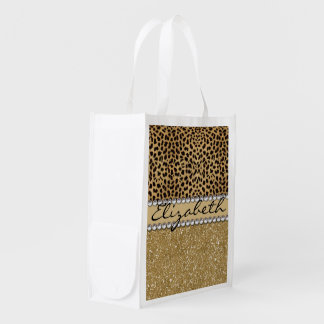 Leopard Spot Gold Glitter Rhinestone PHOTO PRINT Grocery Bag