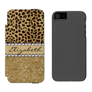 Leopard Spot Gold Glitter Rhinestone PHOTO PRINT Wallet Case For iPhone SE/5/5s