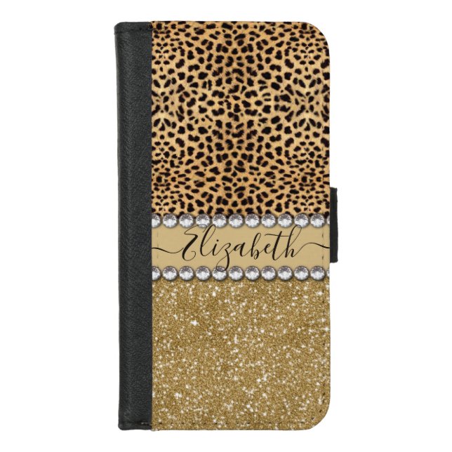 Leopard Spot Gold Glitter Rhinestone PHOTO PRINT iPhone Wallet Case (Front)