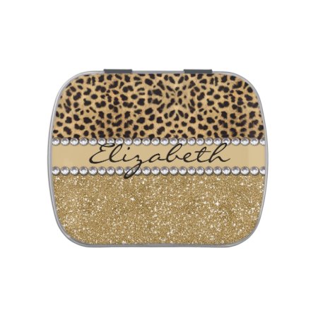 Leopard Spot Gold Glitter Rhinestone Photo Print Jelly Belly Tin
