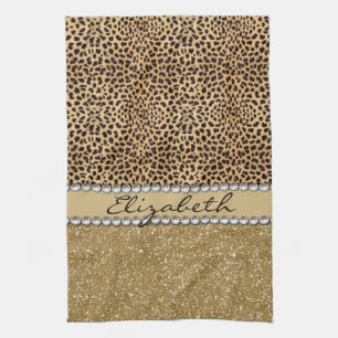 Leopard Spot Gold Glitter Rhinestone PHOTO PRINT Kitchen Towel