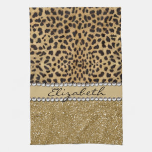 Leopard Spot Gold Glitter Rhinestone PHOTO PRINT Kitchen Towel