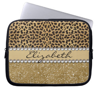 Leopard Spot Gold Glitter Rhinestone PHOTO PRINT Laptop Sleeve