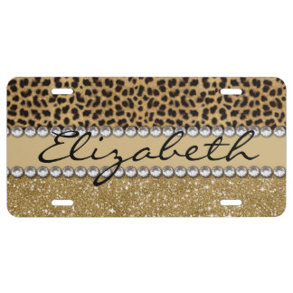 Leopard Spot Gold Glitter Rhinestone PHOTO PRINT License Plate