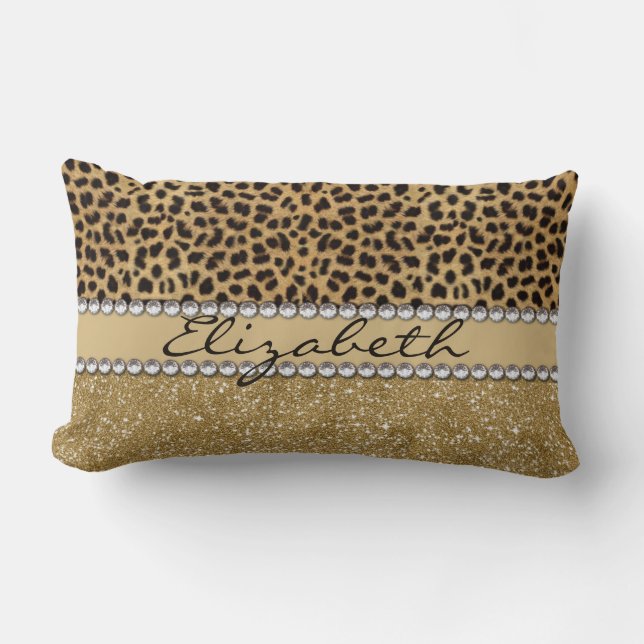 Leopard Spot Gold Glitter Rhinestone PHOTO PRINT Lumbar Pillow (Front)