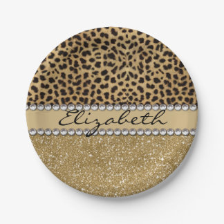 Leopard Spot Gold Glitter Rhinestone PHOTO PRINT Paper Plates