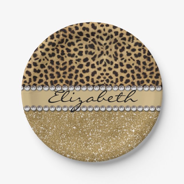 Leopard Spot Gold Glitter Rhinestone PHOTO PRINT Paper Plates (Front)