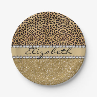 Leopard Spot Gold Glitter Rhinestone PHOTO PRINT Paper Plates