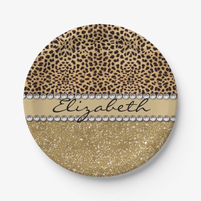 Leopard Spot Gold Glitter Rhinestone PHOTO PRINT Paper Plates (Front)