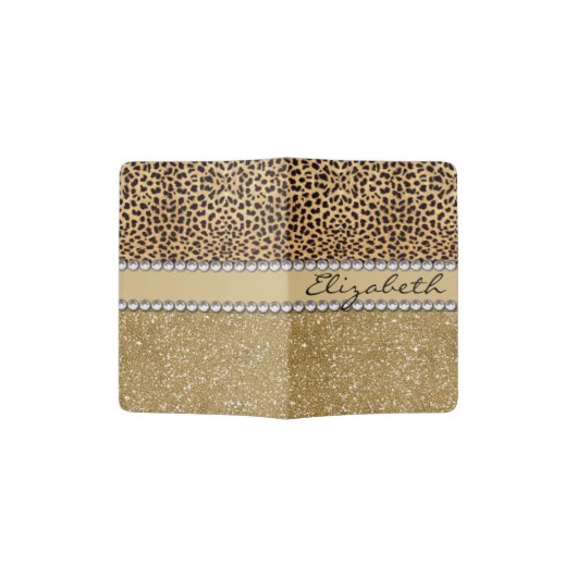 Leopard Spot Gold Glitter Rhinestone PHOTO PRINT Passport Holder (Opened)