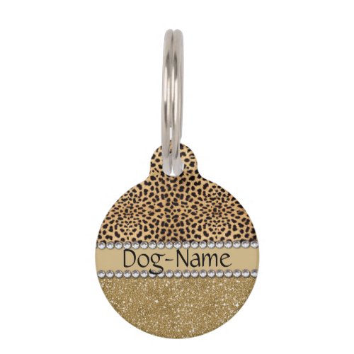 Leopard Spot Gold Glitter Rhinestone PHOTO PRINT Pet Name Tag