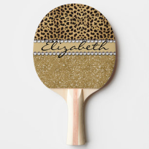 Leopard Spot Gold Glitter Rhinestone PHOTO PRINT Ping Pong Paddle