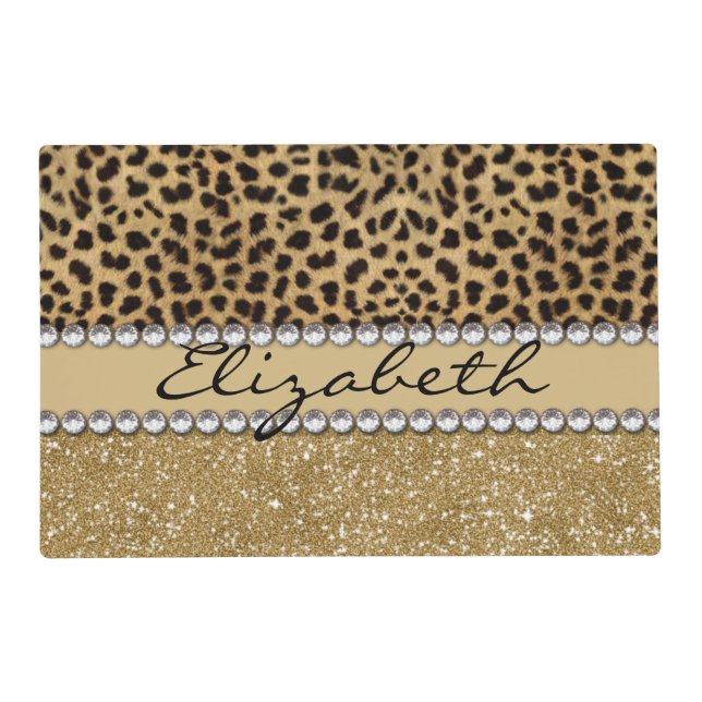 Leopard Spot Gold Glitter Rhinestone PHOTO PRINT Placemat (Front)