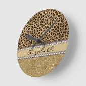 Leopard Spot Gold Glitter Rhinestone PHOTO PRINT Round Clock (Angle)