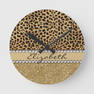 Leopard Spot Gold Glitter Rhinestone PHOTO PRINT Round Clock