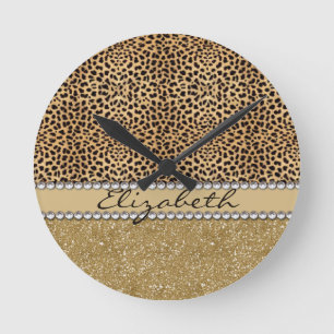 Leopard Spot Gold Glitter Rhinestone PHOTO PRINT Round Clock