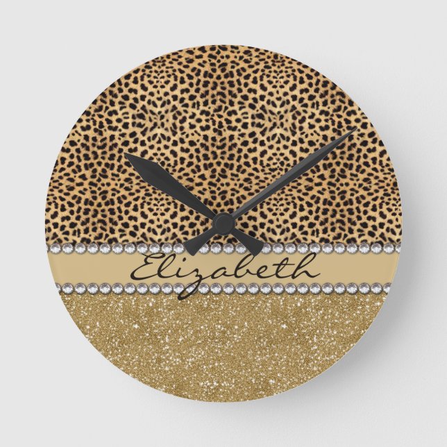 Leopard Spot Gold Glitter Rhinestone PHOTO PRINT Round Clock (Front)