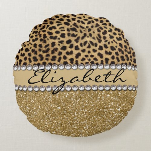 Leopard Spot Gold Glitter Rhinestone PHOTO PRINT Round Pillow