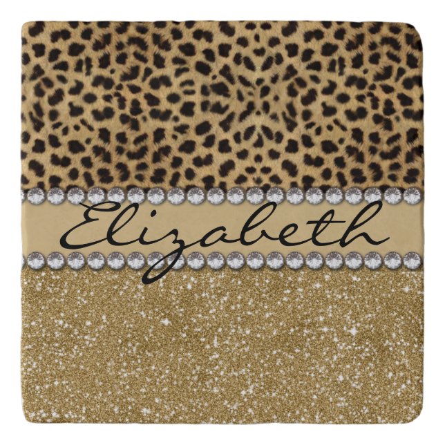 Leopard Spot Gold Glitter Rhinestone PHOTO PRINT Trivet (Front)