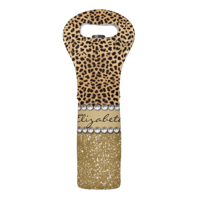 Leopard Spot Gold Glitter Rhinestone PHOTO PRINT Wine Bag (Front)
