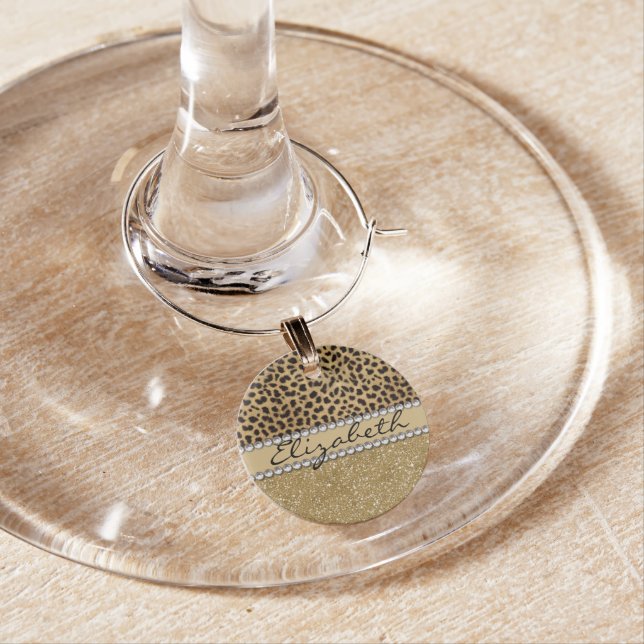 Leopard Spot Gold Glitter Rhinestone PHOTO PRINT Wine Glass Charm (In Situ)