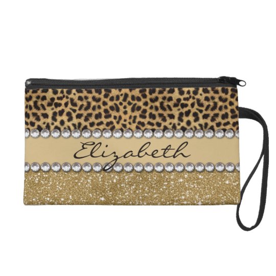 Leopard Spot Gold Glitter Rhinestone PHOTO PRINT Wristlet Purse