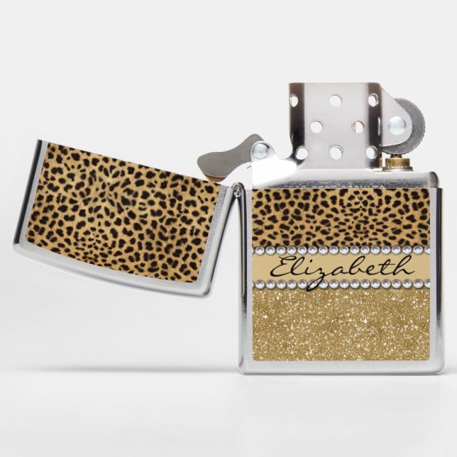 Leopard Spot Gold Glitter Rhinestone PHOTO PRINT Zippo Lighter (Opened)