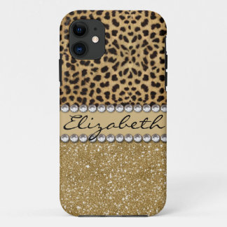 Leopard Spot Gold Glitter Rhinestone PRINT iPhone 11 Case