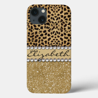 Leopard Spot Gold Glitter Rhinestone PRINT iPhone 13 Case