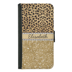 Leopard Spot Gold Glitter Rhinestone Samsung Galaxy S5 Wallet Case