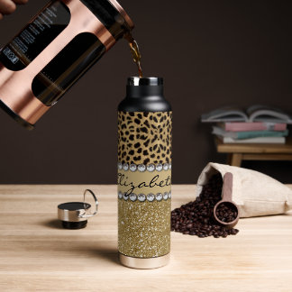 Leopard Spot Gold Glitter Rhinestone Water Bottle