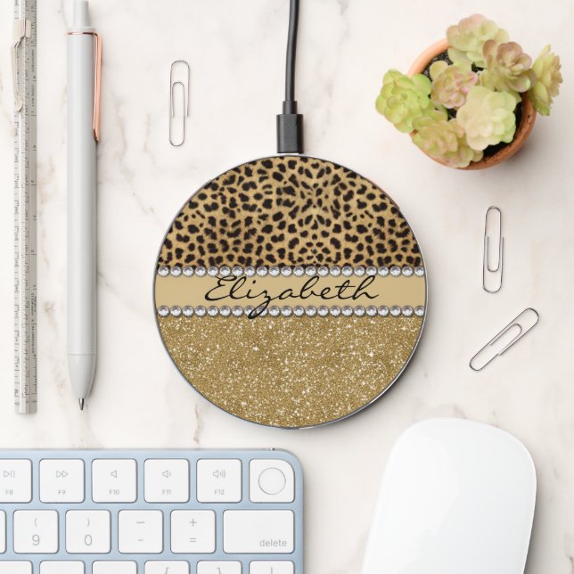 Leopard Spot Gold Glitter Rhinestone Wireless Charger (Desk)