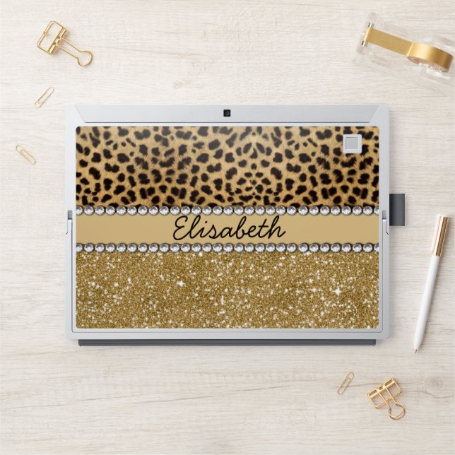 Leopard Spot Gold Glitter Rhinestones HP Laptop Skin (Desk)