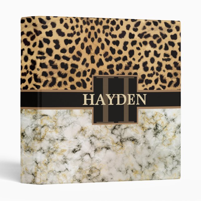 Leopard Spot Marble Monogram Name 3 Ring Binder (Front/Spine)