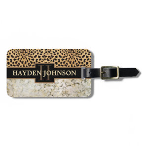 Leopard Spot Marble Monogram Name Address Luggage Tag