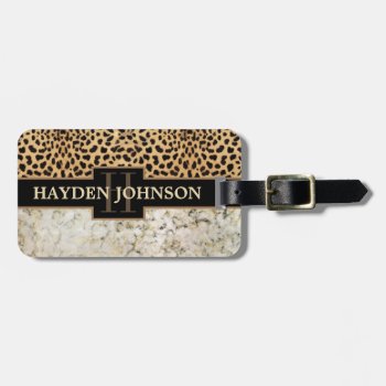Leopard Spot Marble Monogram Name Address Luggage Tag by ironydesigns at Zazzle