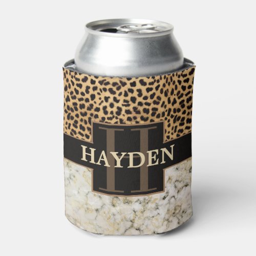 Leopard Spot Marble Monogram Name Can Cooler