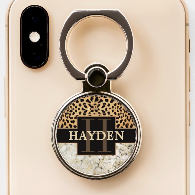 Leopard Spot Marble Monogram Name Phone Ring Stand (Close Up)