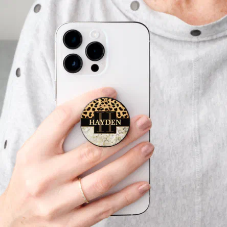 Leopard Spot Marble Monogram Name PopSocket (Hand)