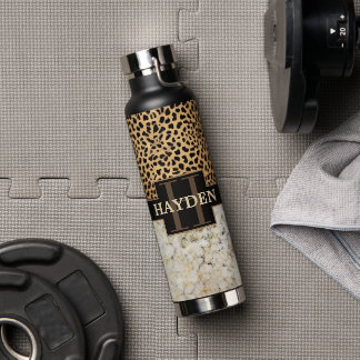 Leopard Spot Marble Monogram Name Water Bottle