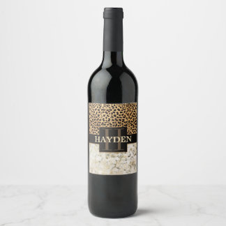 Leopard Spot Marble Monogram Name Wine Label