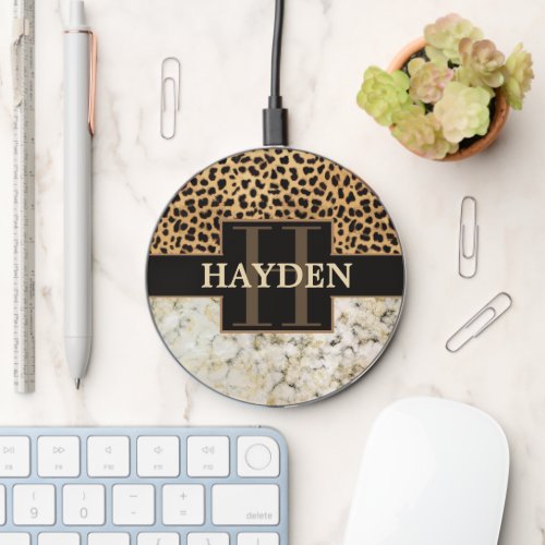 Leopard Spot Marble Monogram Name Wireless Charger