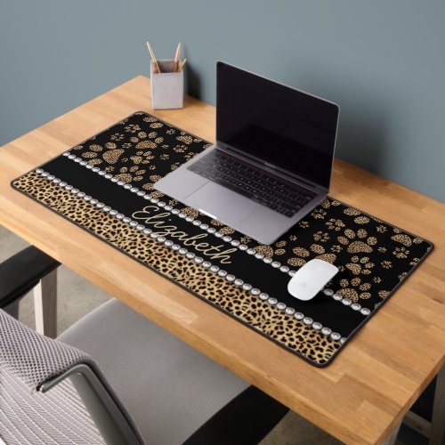 Leopard Spot Paw Prints Rhinestone Desk Mat