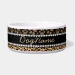 Leopard Spot Paw Prints Rhinestone Diamonds Bowl<br><div class="desc">Leopard-Skin Design made with brown leopard spots inside the big cat paw prints on a black colored background. The center is left for personalization / personalize surrounded with white diamond rhinestones. (Photo Printed).
Elegant wild cat or dog lover design with the leopard pattern print.</div>