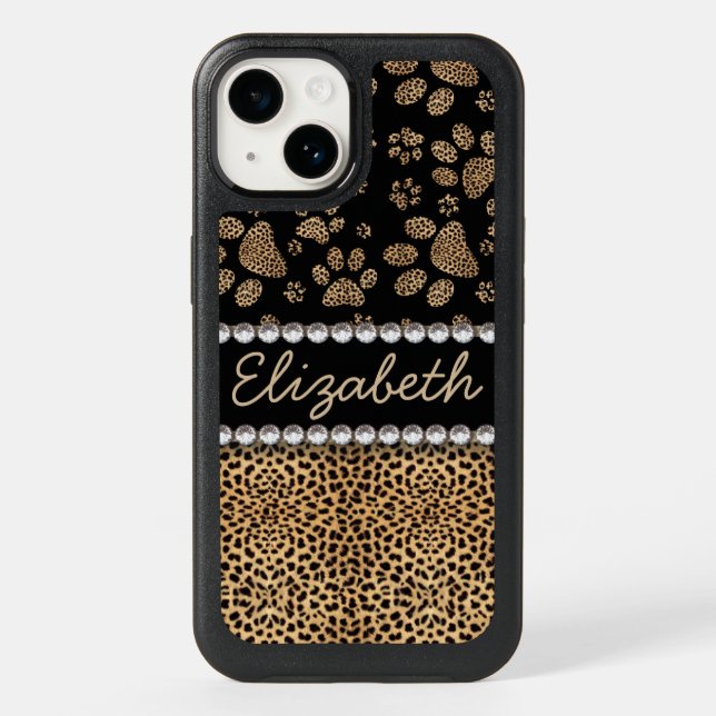Leopard Spot Paw Prints Rhinestone Otterbox iPhone Case (Back)